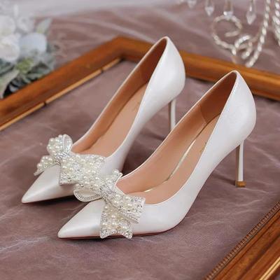 Mode Rimocy Luxus Perle Schleife Hochzeitspumps Damen Sexy Stilettoabsätze Partyschuhe Frau Seide Spitzschuh Strasspumps Damen