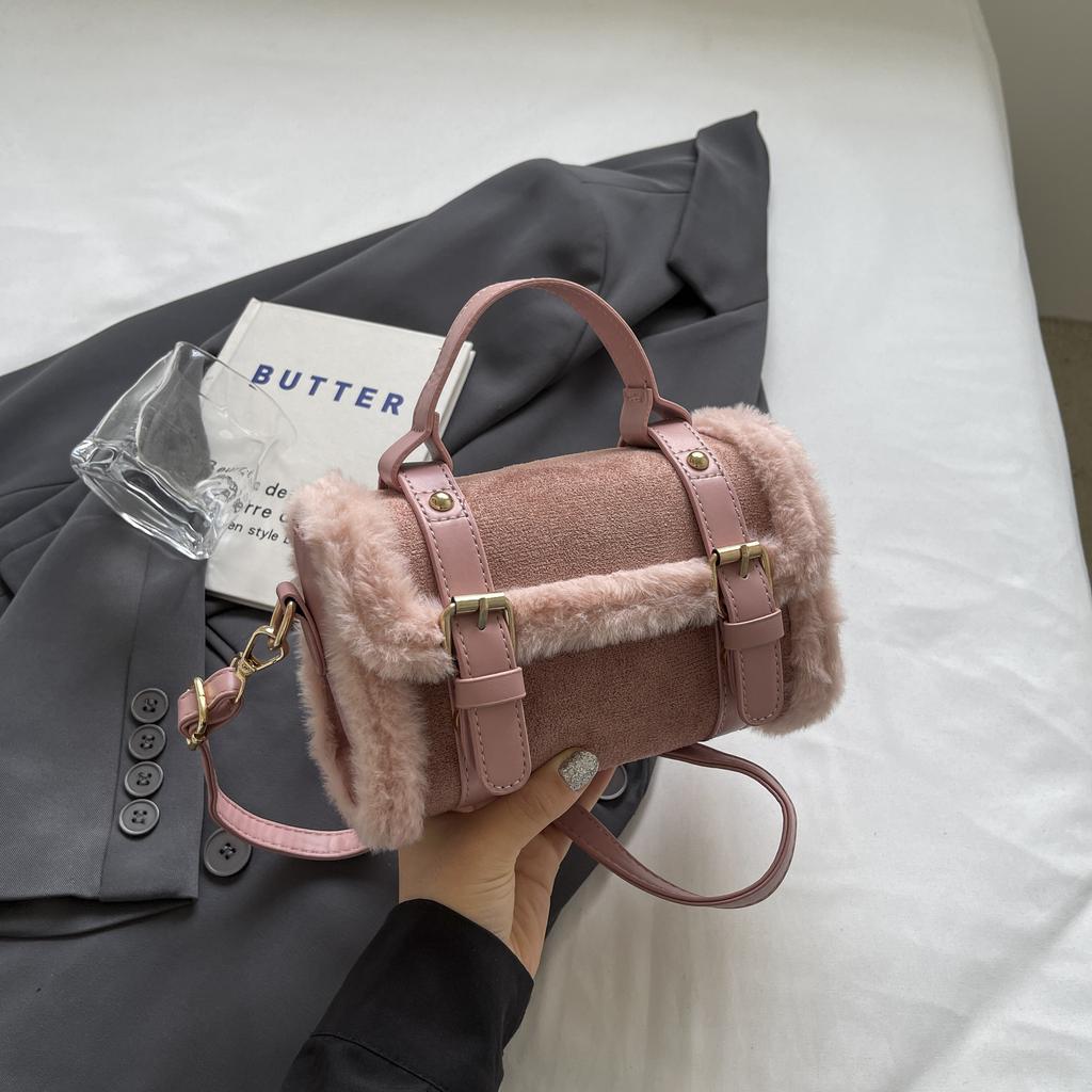 Plush Frosted Patchwork Handbag Small Square Bag Fashionable Retro Handbag Shoulder Bag