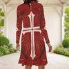 Women Plus Size Round Neck Long Sleeve Red Blue Star Swirl Printed A Line Dress