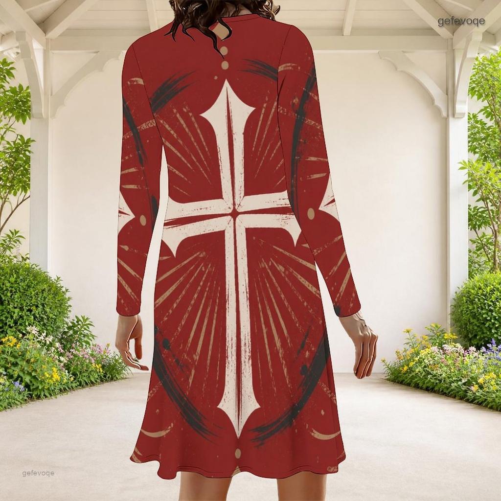 Women Plus Size Round Neck Long Sleeve Red Blue Star Swirl Printed A Line Dress