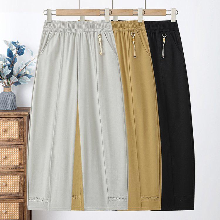 

Chic Wide-Leg Elastic Waist Pants for Women - Spring/Summer 2026 Collection, High-Waisted Straight-Leg for Middle-Aged Mothers 3XL брудно-білий