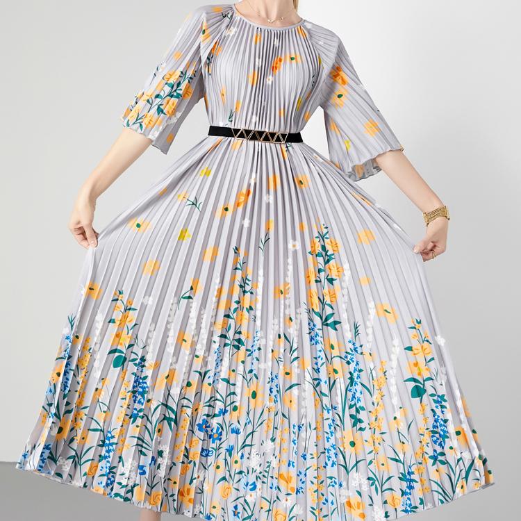 Summer Women Vintage Print Flower Loose Maxi Party Dresses with Belt