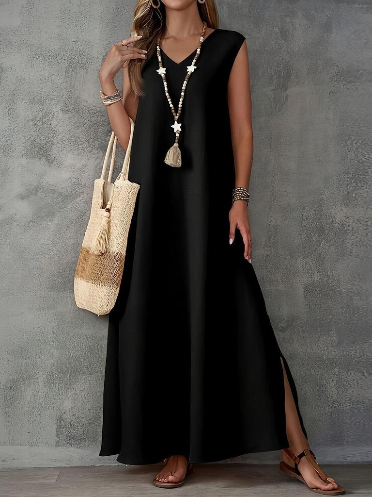 2025 Summer Sleeveless V-neck Side Slit Maxi Dress - Elegant Women's Long Dress