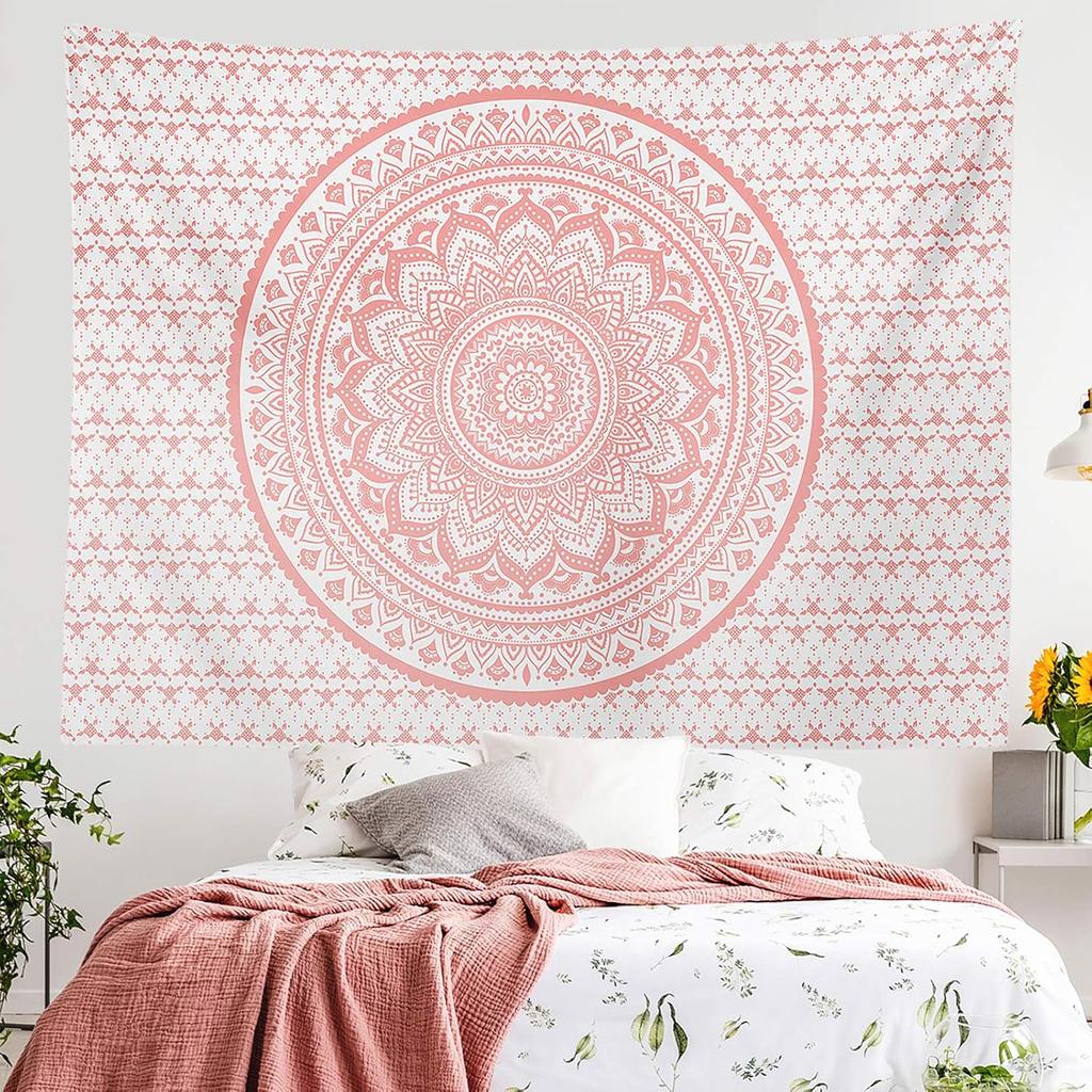 VIKAMA Pink Mandala Tapestry Indian Hippie Psychedelic Wall Hanging Bedroom Teen Room Yoga Room Meditation Wall Decoration