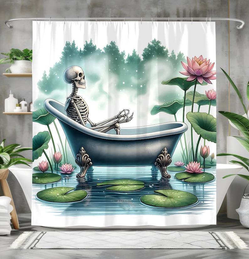 Skeleton Bubble Bath Shower Curtain with Gothic Halloween Pattern, Funny Spooky Namaste Bathroom Decor,  Fabric for Gothic Theme 90x180cm35x71in
