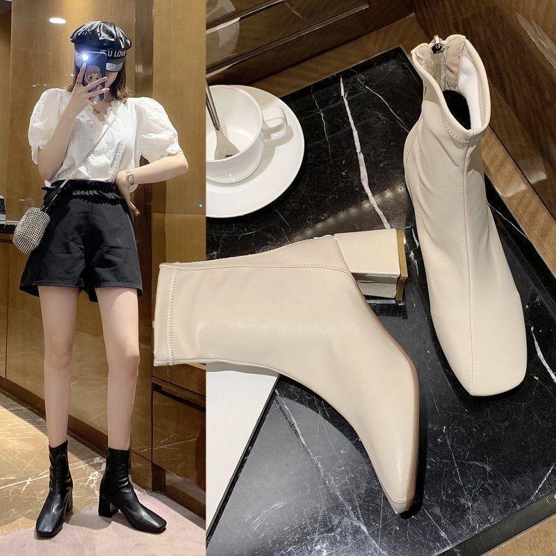 thick heel square head thin boots women's new rear zipper soft leather short boots versatile commuter temperament women's shoes