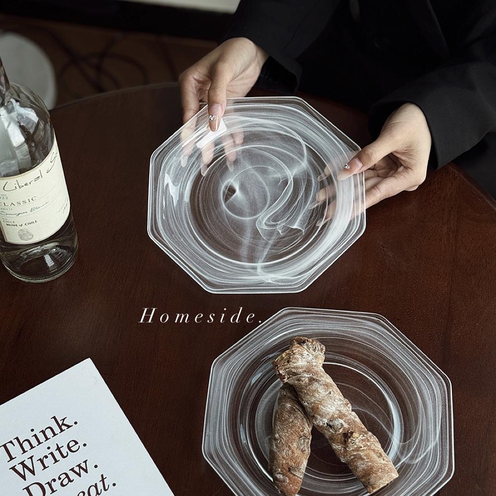 Cloud Mist Salad Plate Ins Glass Octagonal Plate Art Dining Plate Cloud and Mist Pattern Western Salad Fruit Plate