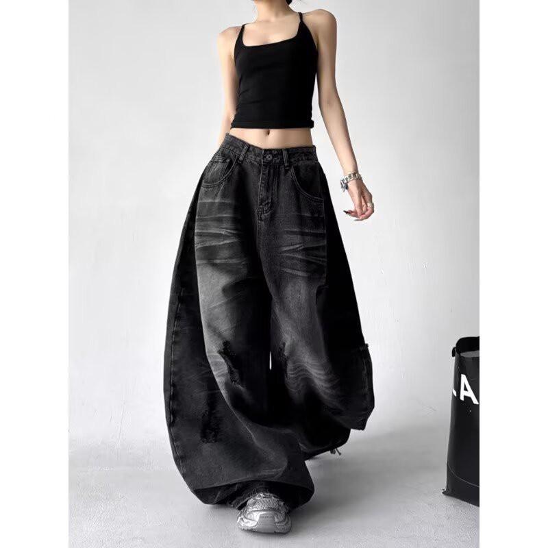 High-Waisted Wide Leg Distressed Denim Pants Women - Loose Fit Streetwear Jeans 2026