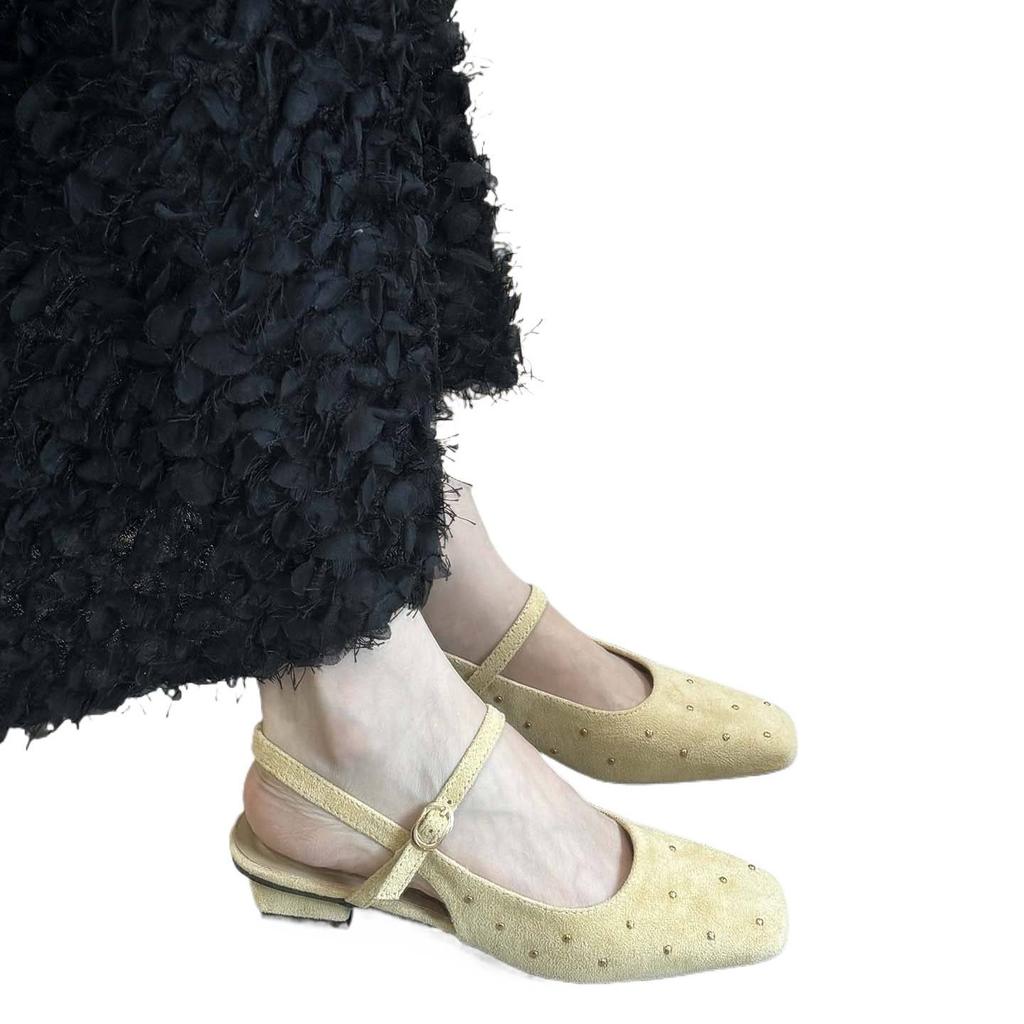 French Square Head Mary Jane Sandals Women'S Shoes Summer Suede Low Heel Thick Heel With Skirt Cool Slippers