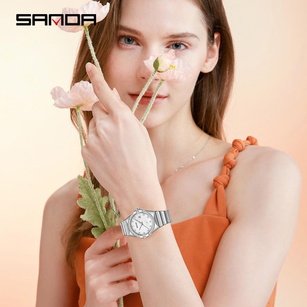 Sanda Women's Luminous Sunray Dial Quartz Watch with Vintage Calendar & Diamond Accents, Waterproof.