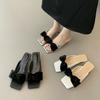 French silver bow square head small heel cool slippers women's outer wear 2025 summer new middle heel one-word slippers