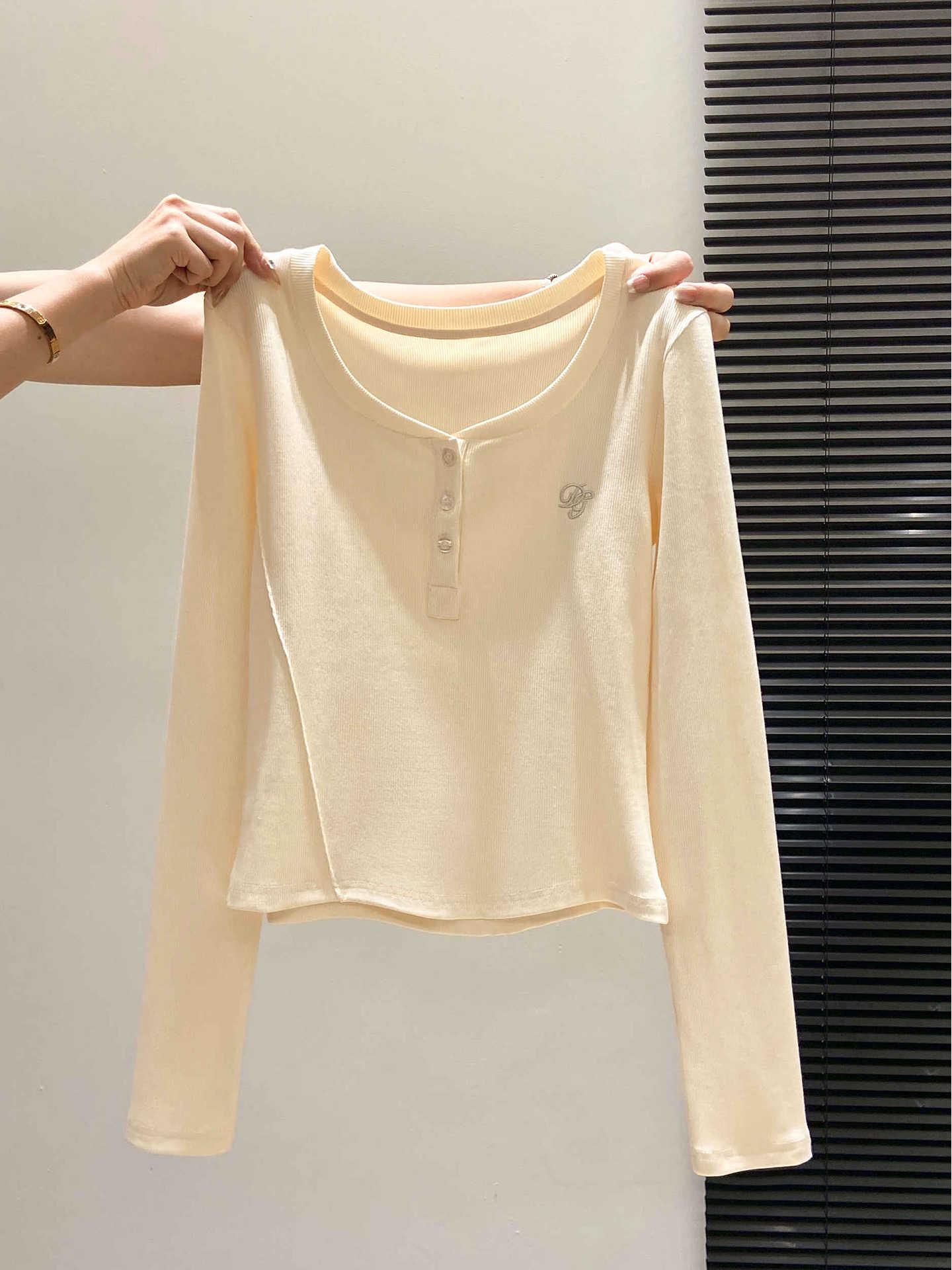 Embroidery Heart-Shaped Neck Slim-Fit Long Sleeve Top for Women - Fishbone Waist, Spring/Autumn Large абрикосовый
