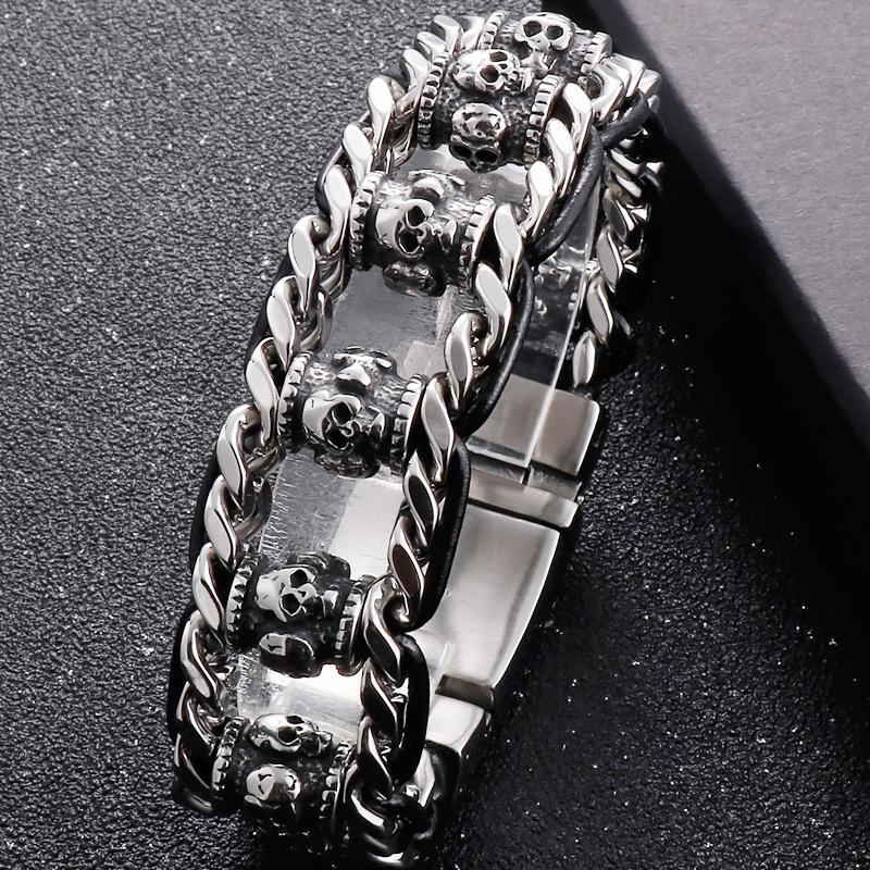 Bransoletka z gotyckiej czaszki dla mężczyzn ze stali nierdzewnej 316L, męskie bransoletki z ogniwami, punkrockowa skórzana bransoletka na rękę
