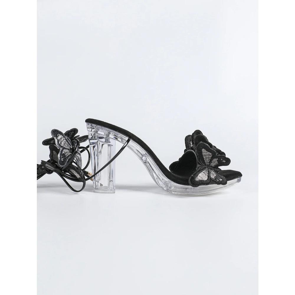12cm Klarer Absatz Neu Sexy Mode Transparent Blockabsatz Kristall Quadratische Zehe Rutschfest Schnürung Schmetterling Sandalen LFD-69192-9