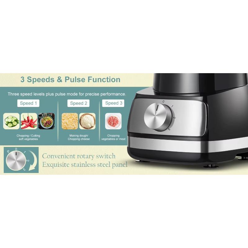 TopStrong 6-in-1 Food Processor 800W 2L Silver Multifunctional Chopper Slicer Shredder Kneader Dough Blender 3 Speeds Pulse EU