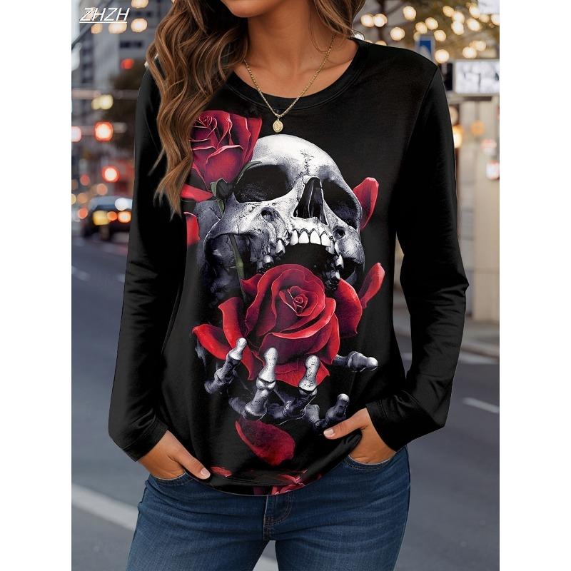 Women's Vintage Skulls Print Long Sleeve, Halloween Graphic Crew Neck Top, Seasonal Casual Wear,