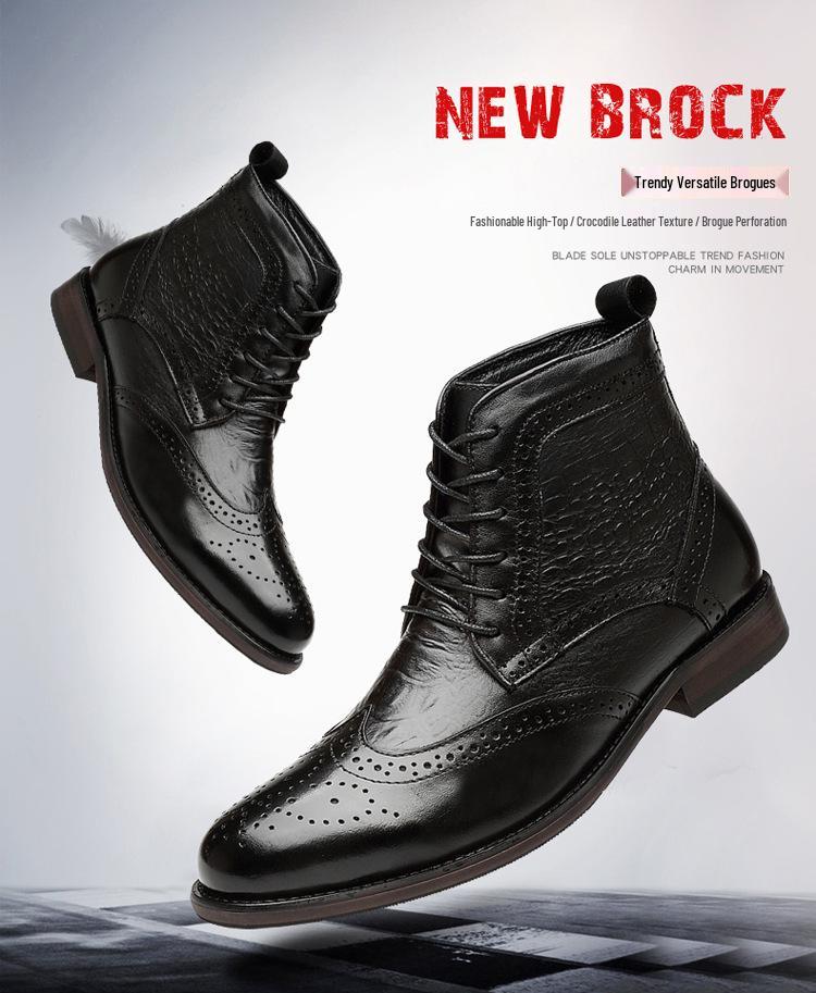 Men's Brogue Ankle Boots: Carved Cowhide High-Top, Pointed Toe, Autumn/Winter Fashion, Large Size.