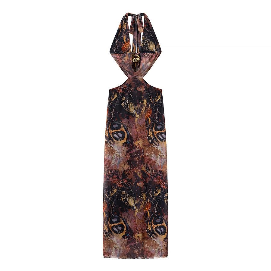 Women's Clothing, European and American Fashion Deep V-neck Dress, Beach Neck Print Sleeveless Waist Dress