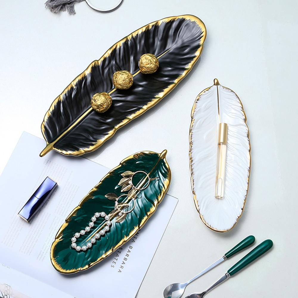 Leaf Plate Realistic Feather Tray Table Decoration Ceramic Jewelry Ring Trinket Dish Holder Decorative Serving Tray for Fruit Snack Dessert Jewelry