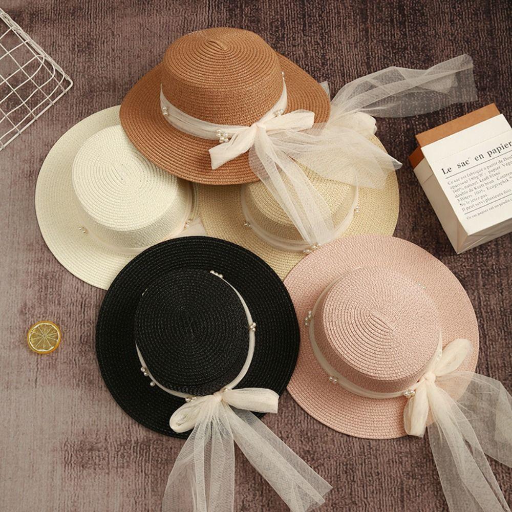 Pearl Summer Straw Hat Pastoral Style UV Protection Cap Ins Wide Brim Sun Hat  Female