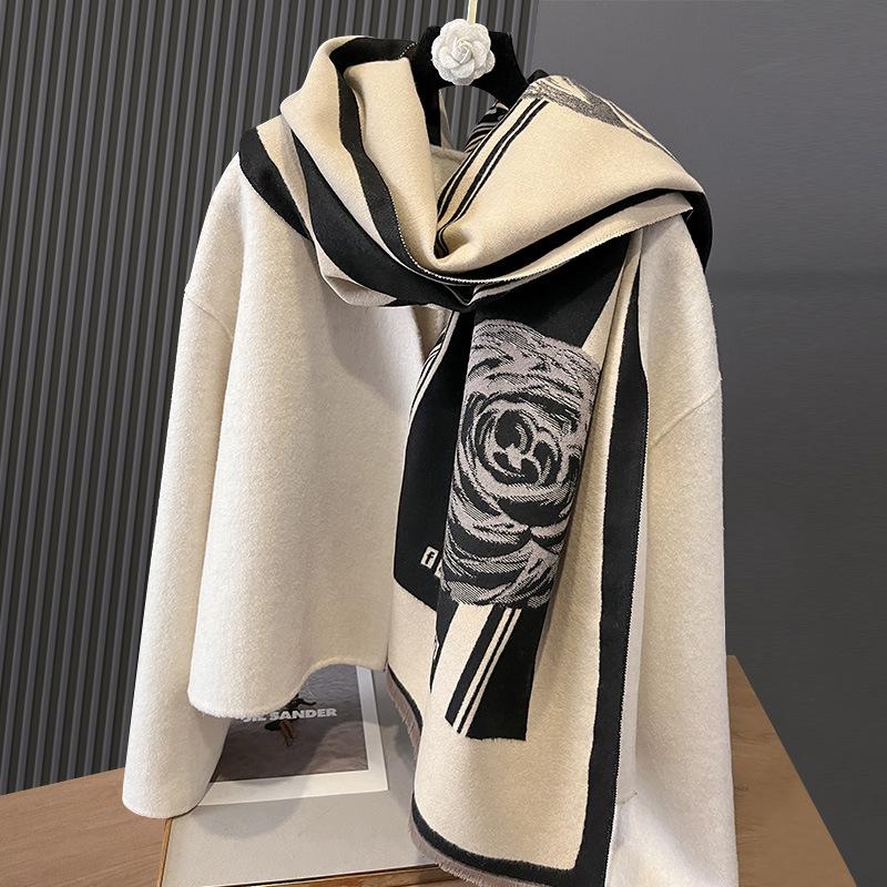 Scarf Women'S Cashmere Rose Cold Wind Double-Sided Versatile Shawl Air Conditioner Warm Scarf