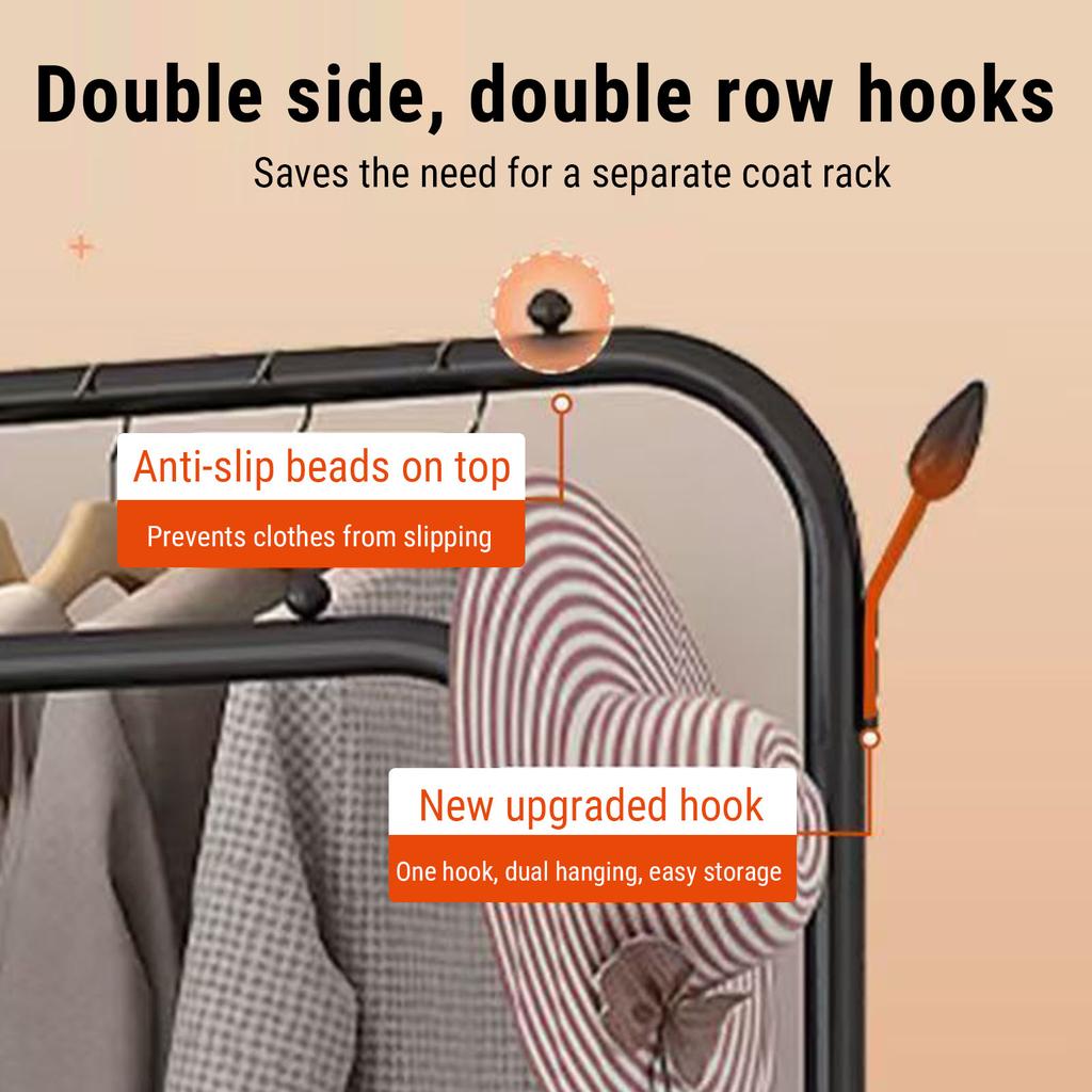 Rolling Double Rods Clothes Rack Space Saving Strong Load Bearing Stainless Steel Standing Garment Rack for Coats