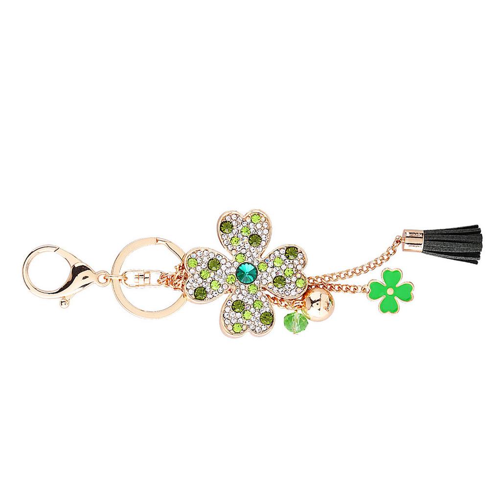 Lucky Four Leaves Clover Crystal Keychains Car Keyring Women Tassel Bag Buckle Pendant(Green)