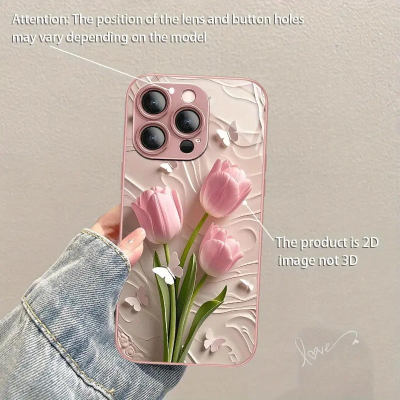 Gentle Wind Powder Tulip Mobile Phone Case iPhone14/15ProMax Light and Thin Bare Metal Feel Protective Case