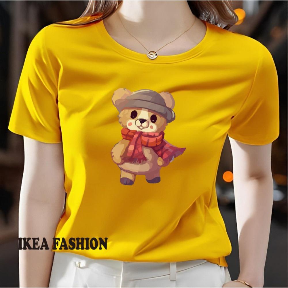Ladies' casual short sleeved round neck T-shirt - cute cartoon bear pattern printed fashionable