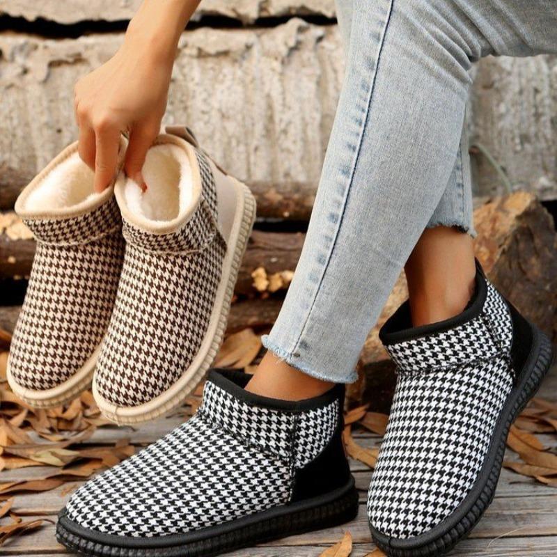 Winter new warm plaid round head snow boots women's velvet short cotton shoes women