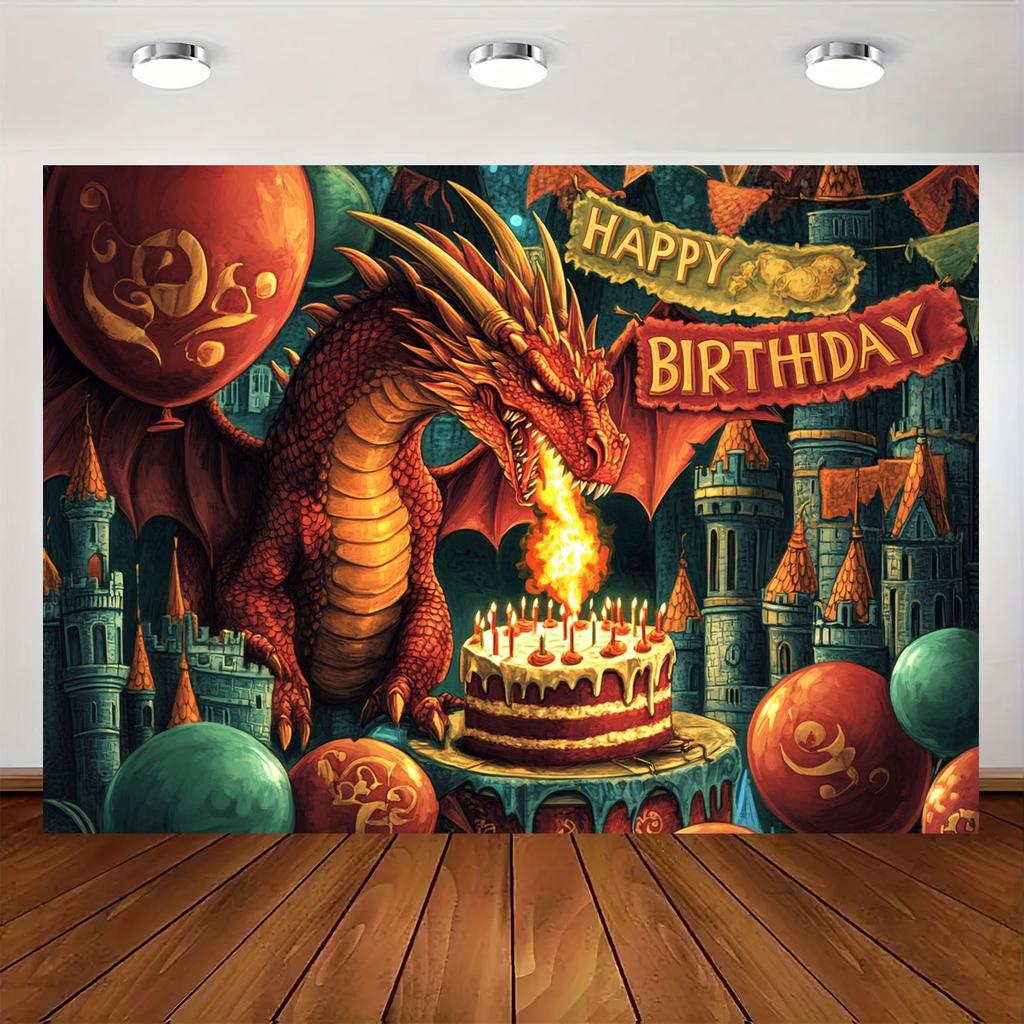 1 Fond d'anniversaire onirique sur le thème des dragons bannière de fête en polyester adaptée pour Noël et les événements de célébration