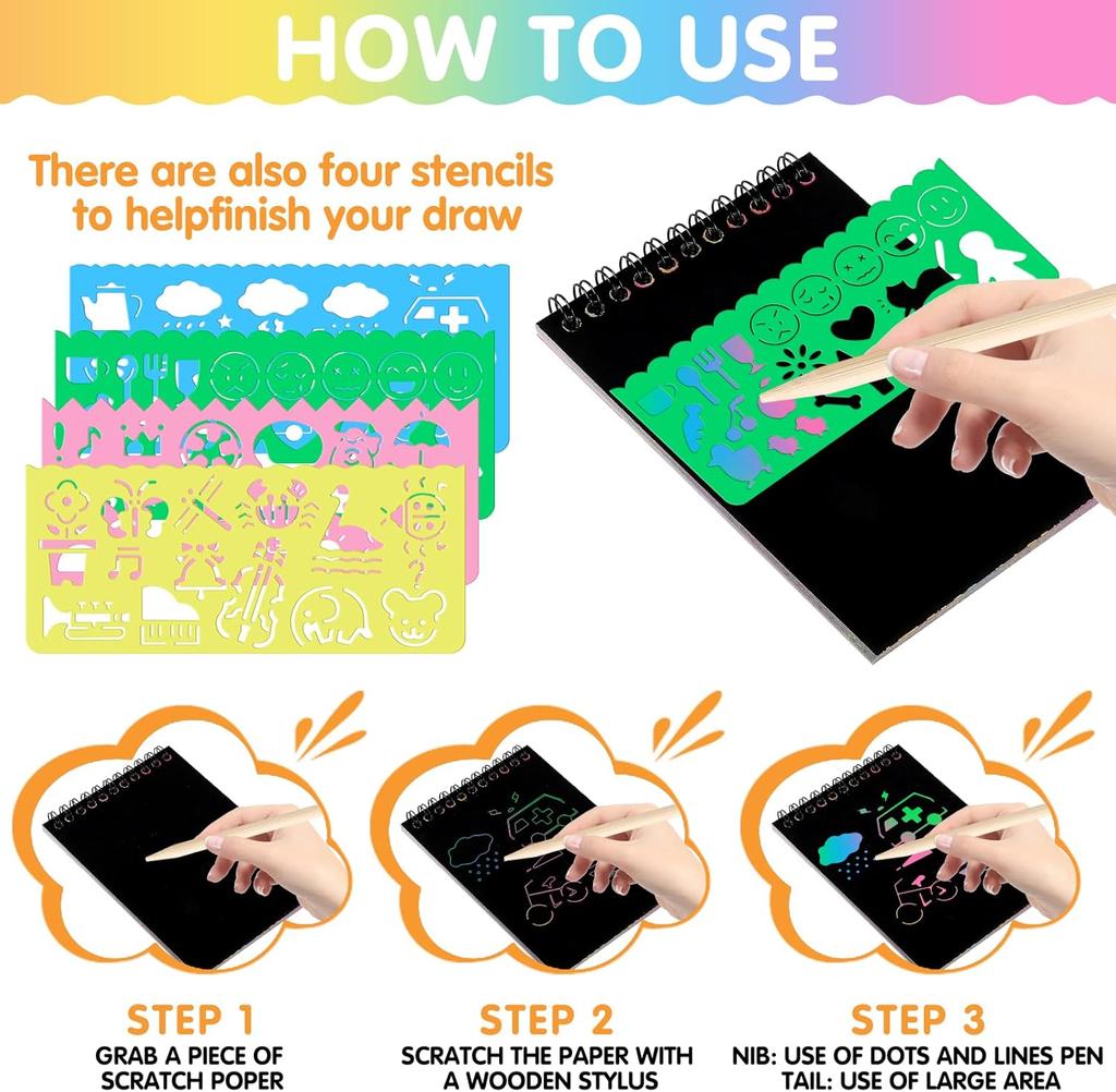12 PCS Scratch Art Set 4 Rainbow Mini Notebooks 4 Stencil Sheets 4 Wooden Stylus Fun Drawing, Party Favors Creative Gifts