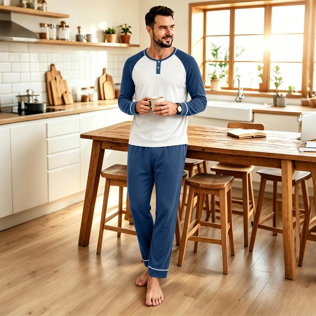 Men's Casual Loose Fit Raglan Sleeve Pajama Set for Sleep and