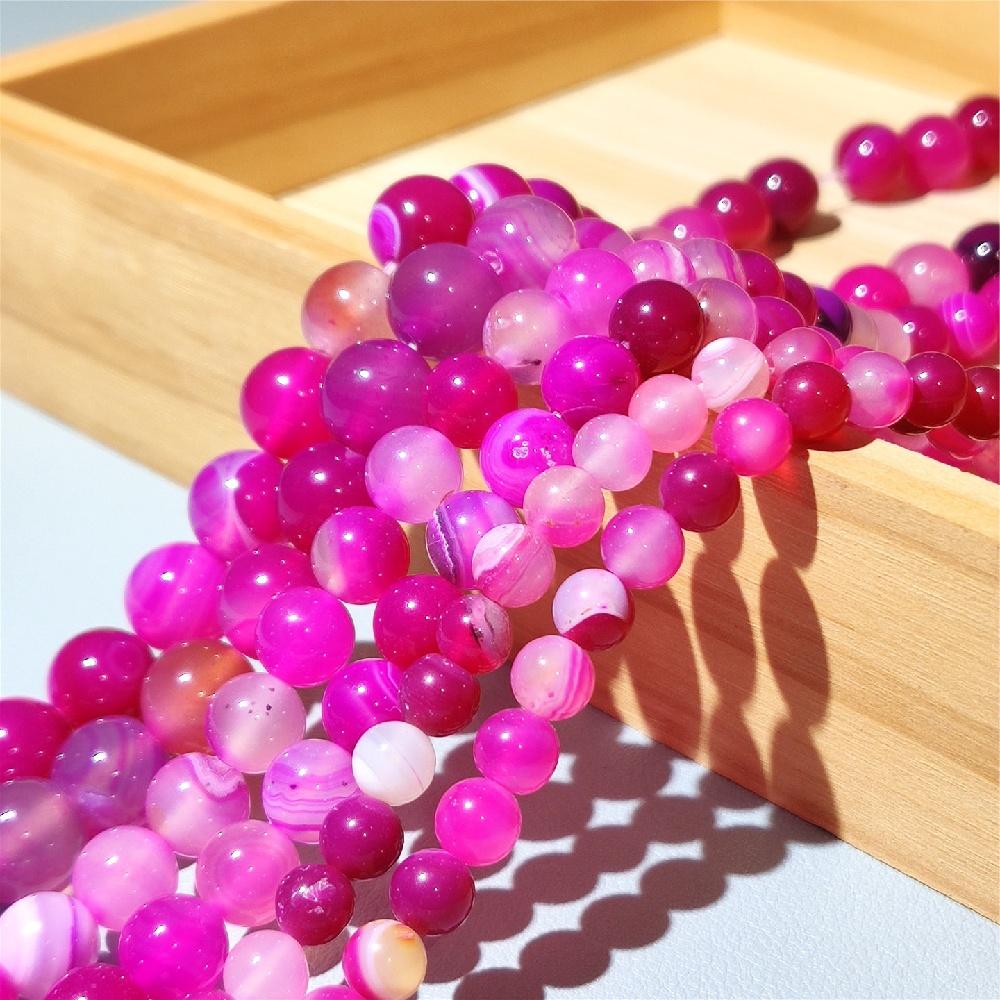 Hot Pink Stripes Agates Stone Natural Round Beads 15"Strand Smooth Loose Spacer Beads 4/6/8/10/12mm for Jewelry Making DIY Bracelets Accessories