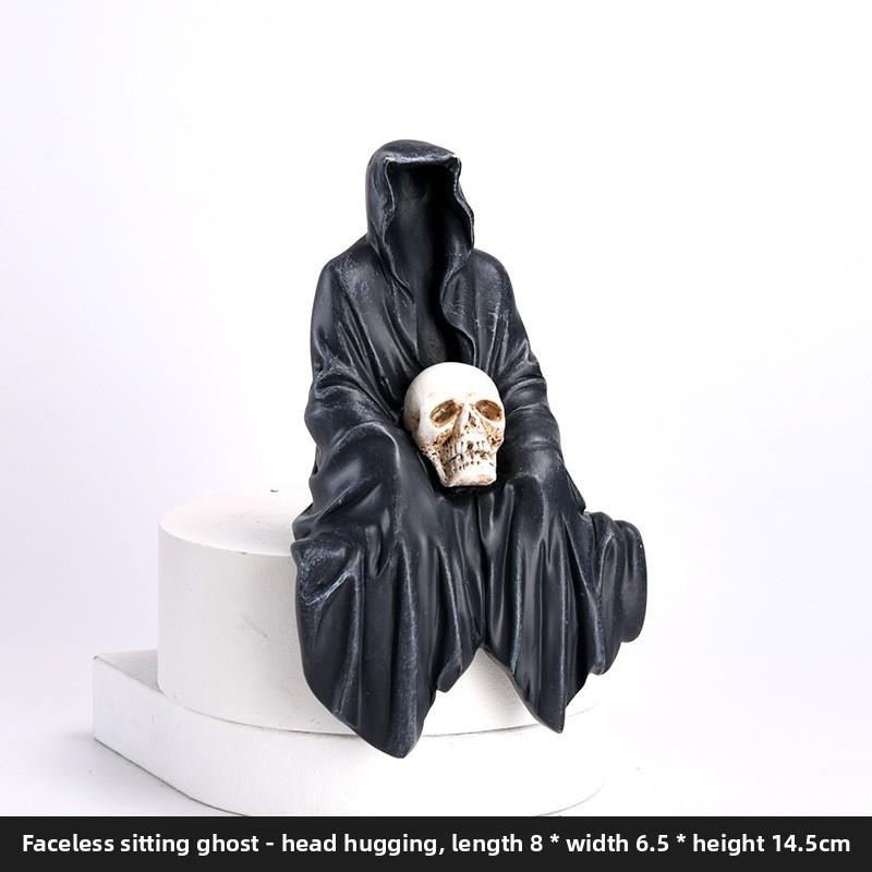 Halloween Black Robe Figurine - Black-faced Ghost for Home, Table, Car Decoration, Resin Small Halloween Decoration