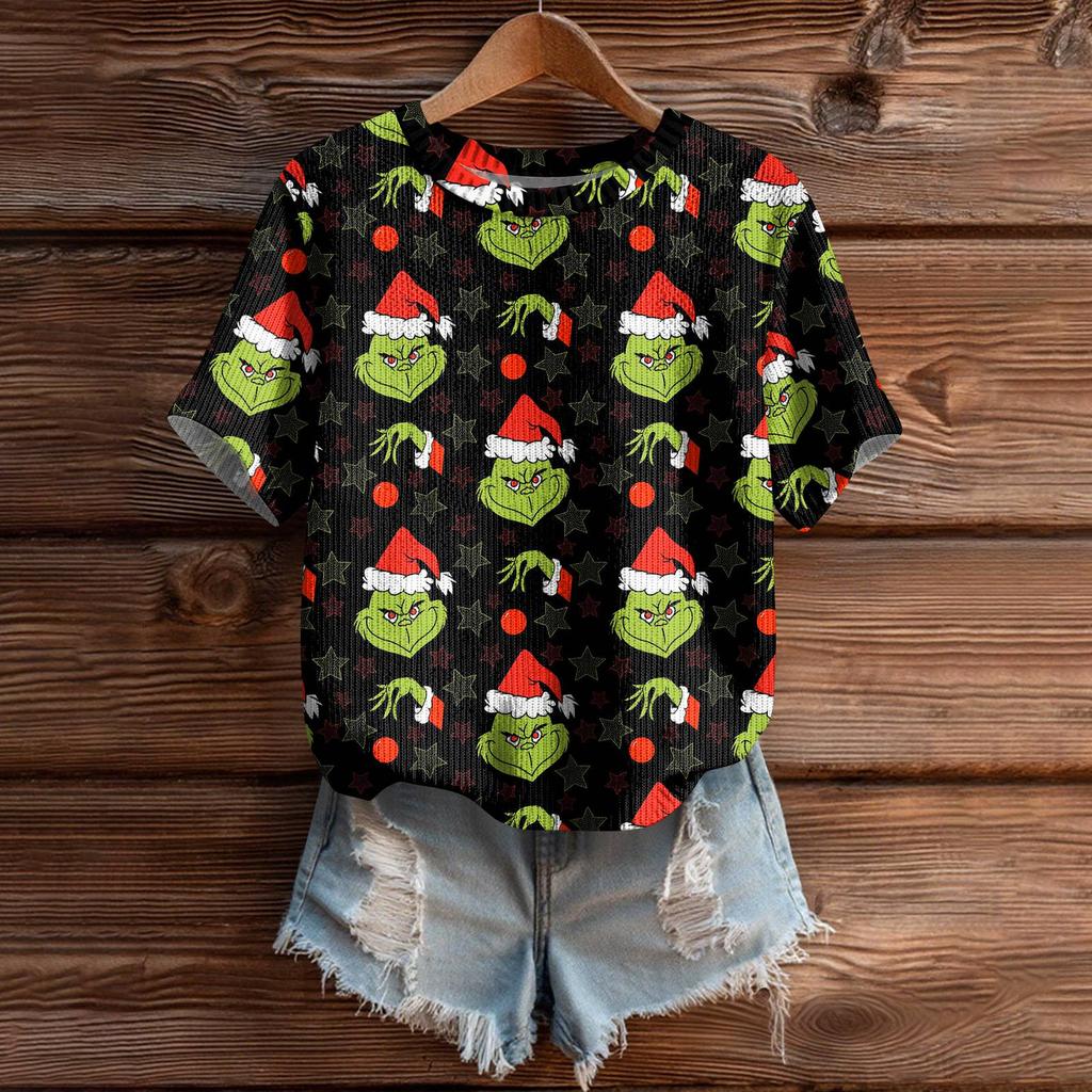 Women's Cute Sweater Knitted Fashion Casual Round-neck Short-sleeved  Cozy Print Top