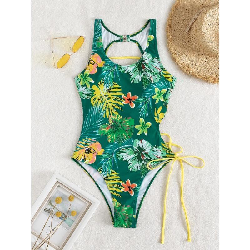 2025 Druck Schnürrücken Badeanzug Einteiler Einfarbige Bademode Damen Bade Schwimmanzug Weiblich Gepolstert Sommer Strandbekleidung Body