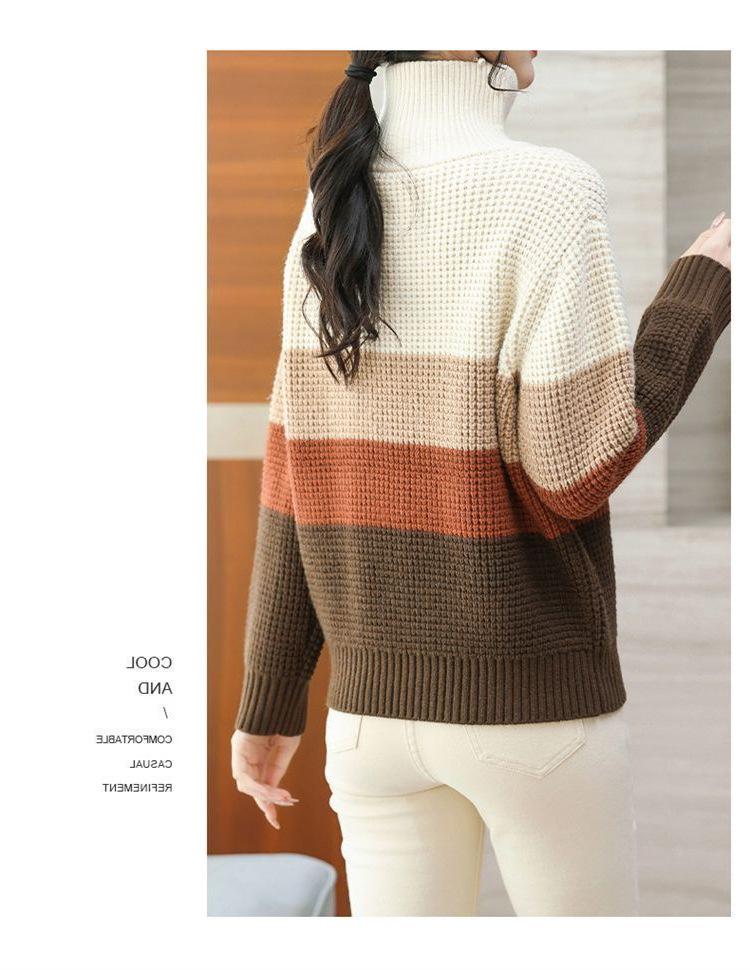Women's Color Block Striped Half-Zip Sweater - Spring/Autumn Lazy Style Pullover Knit