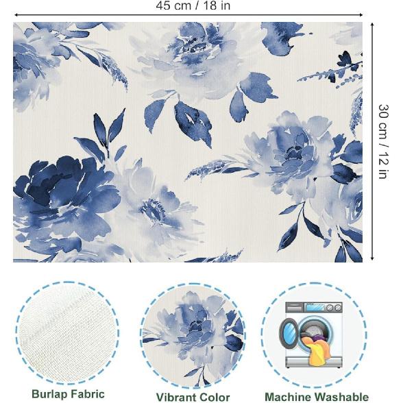Blue Leaves Watercolor Placemats Set of 4, 12x18 Inch Spring Summer Leaves Table Place Mats for Kitchen Dining Home Party Decor