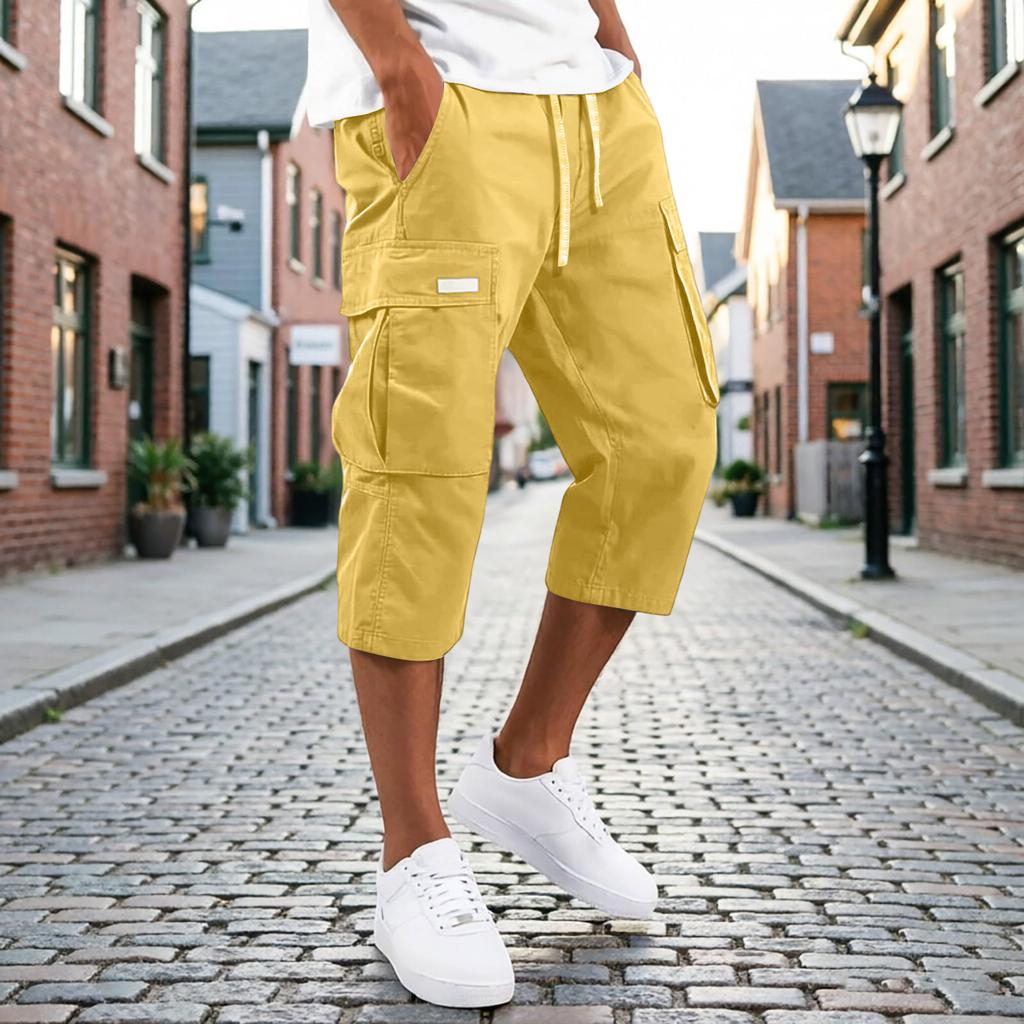 Men's Cargo Shorts Drawstring Waist Multi Pocket Workwear Style Casual Knee Length Trousers Lightweight Durable Fabric