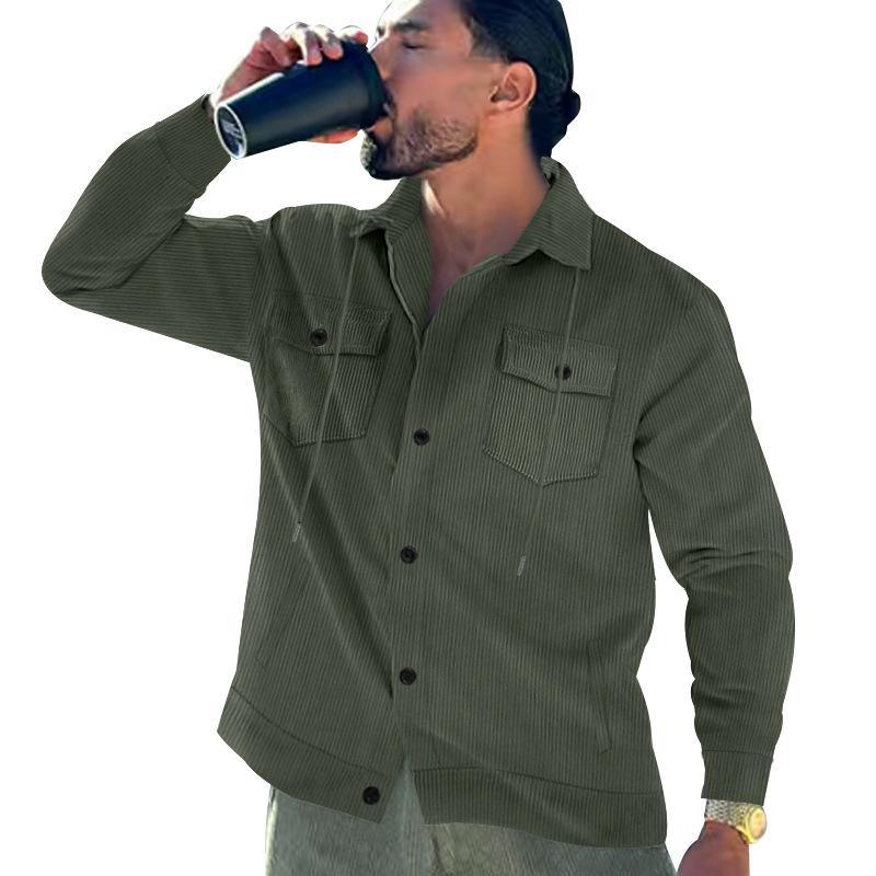 Herren Cord Knopf Jacke Langarm Gestreift Casual Vintage Doppel Tasche Werkzeug Top Hemd