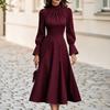Women's Stand Collar Shirred Flared Long Sleeve Midi Dress with Waist Definition