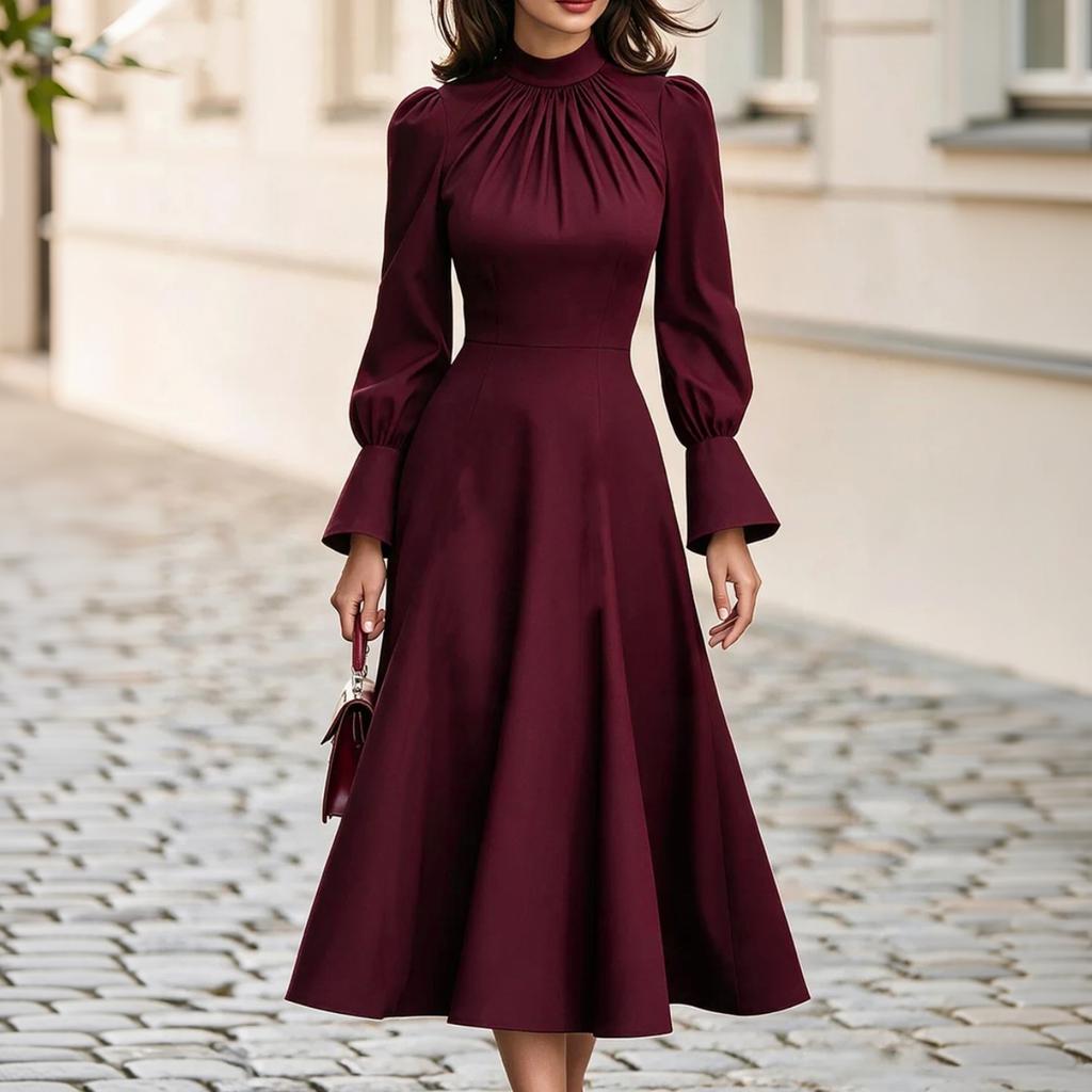 Women's Stand Collar Shirred Flared Long Sleeve Midi Dress with Waist Definition