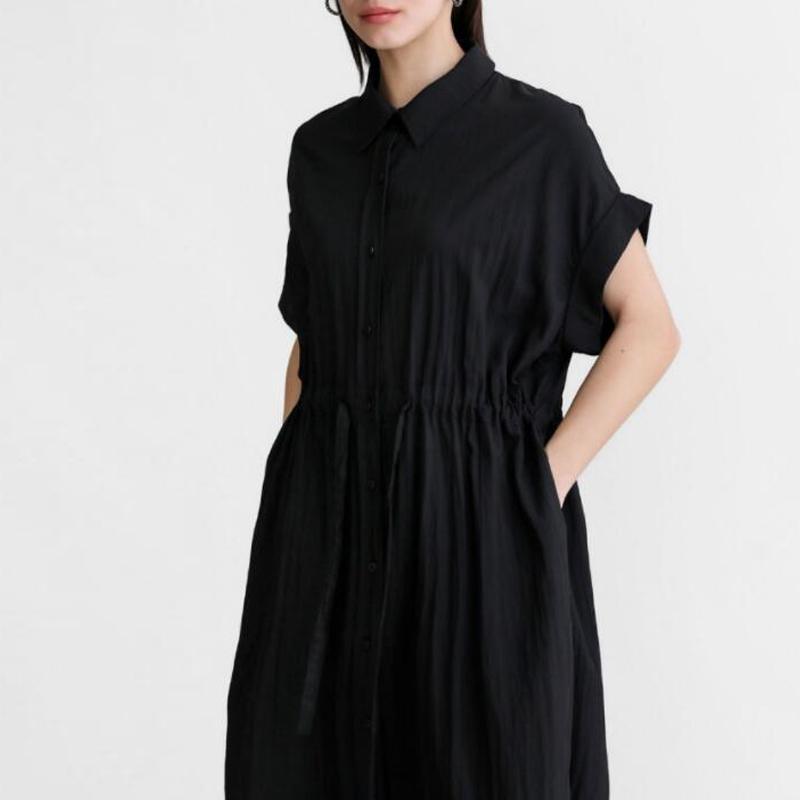 Johnature Short-sleeved Shirt Dress Women Korean Loose Drawstring Summer Casual Simple Turn-down Collar Loose Dresses