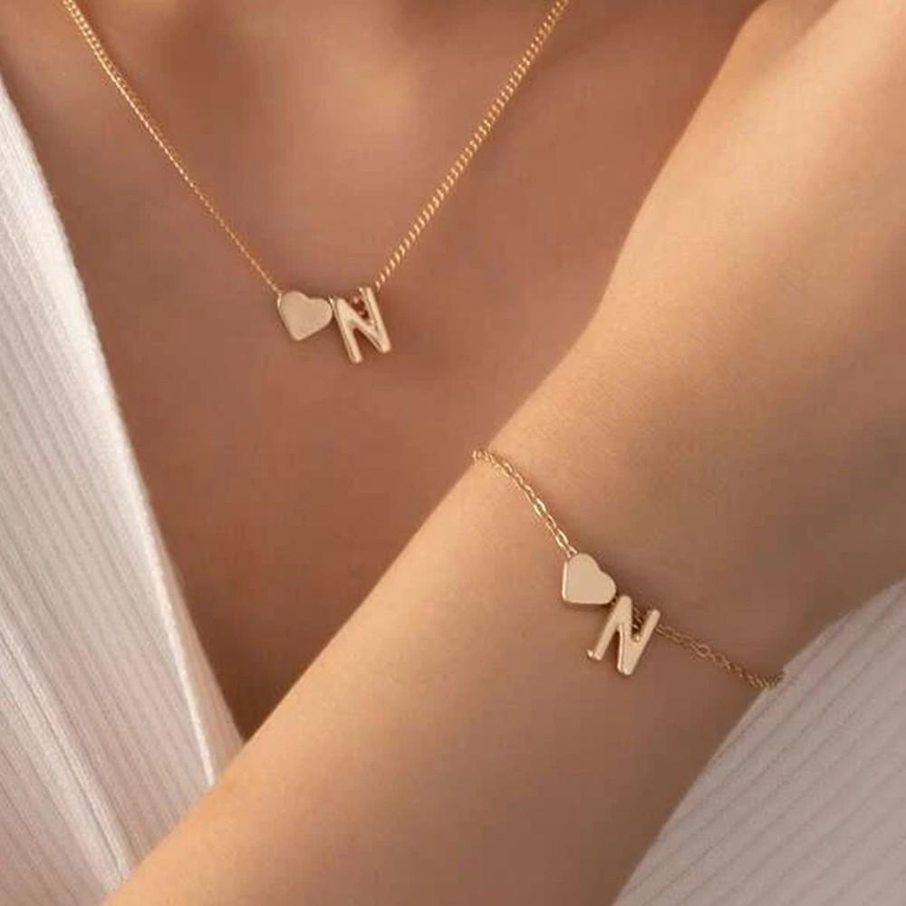 Retro Metal Heart 'M' Necklace & Bracelet Set for Women - European & American Letter Jewelry