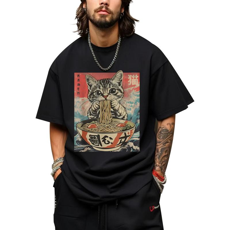 Kawaii Cat Ramen Anime T Shirt Men Women Oversized 100% Cotton Hot Sale Short Sleeve Summer Print  FASHION Unisex Plus Size Tops