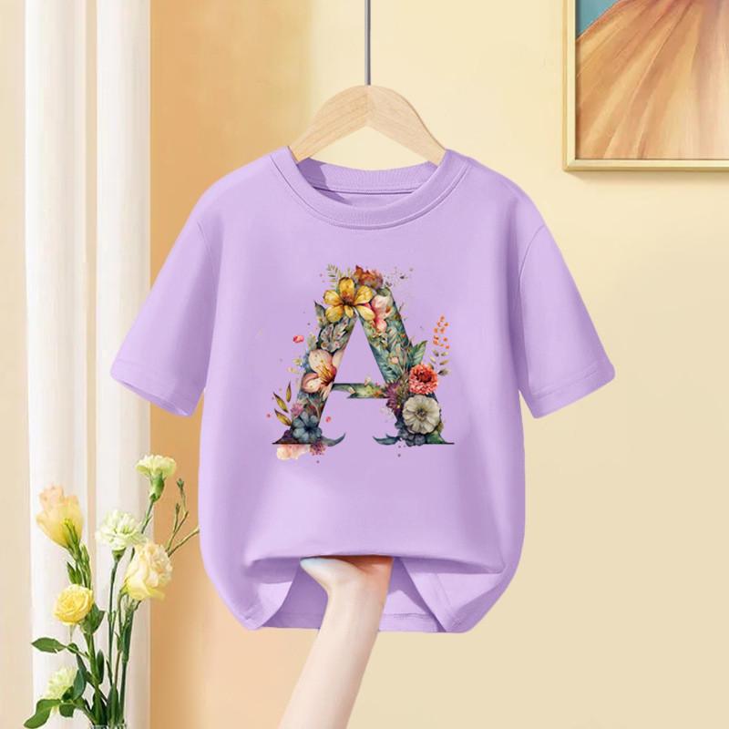 

Девочки Футболка 26 Английских букв A B C D Детская мода Цветочная футболка Детская Имя на заказ Буква Летняя Фиолетовая одежда 3T(100cm)