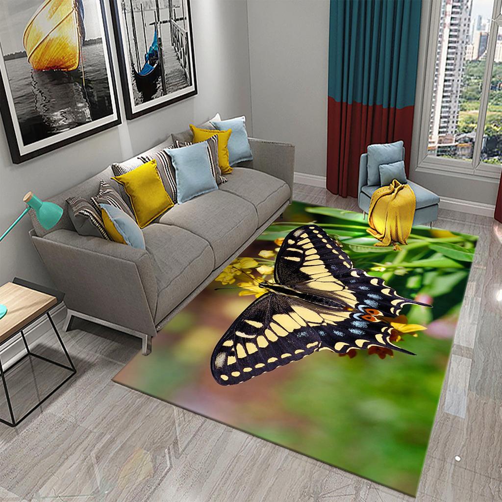 3D Bunter Schmetterling Blume Teppich Teppich für Wohnzimmer Schlafzimmer Sofa Küche Badezimmer Fußmatte Rutschfeste Bodenmatte Geschenk Heimdeko