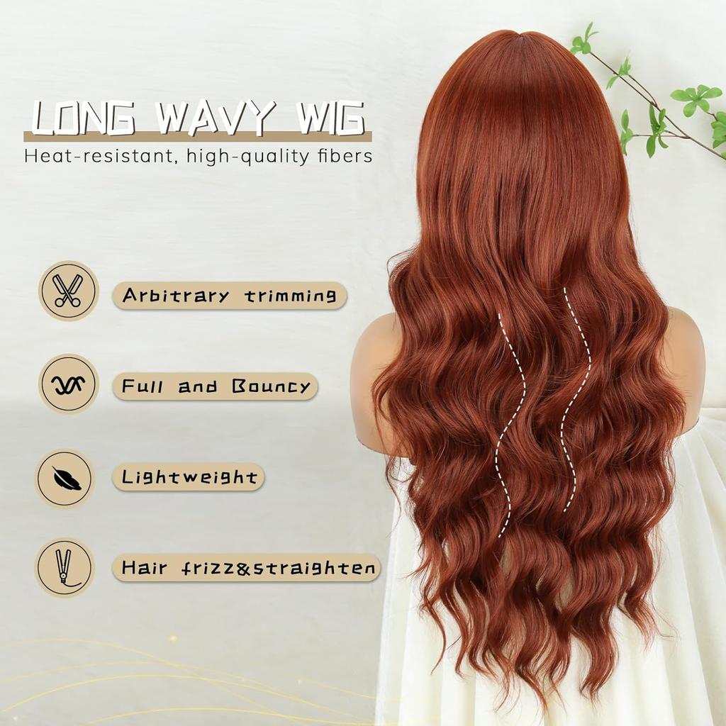 Long Auburn Wigs with Bangs Long Wavy Wigs for Women 26 Inch Copper Red Middle Part Copper Wavy Wig Natural Looking Synthetic Auburn Long Wig