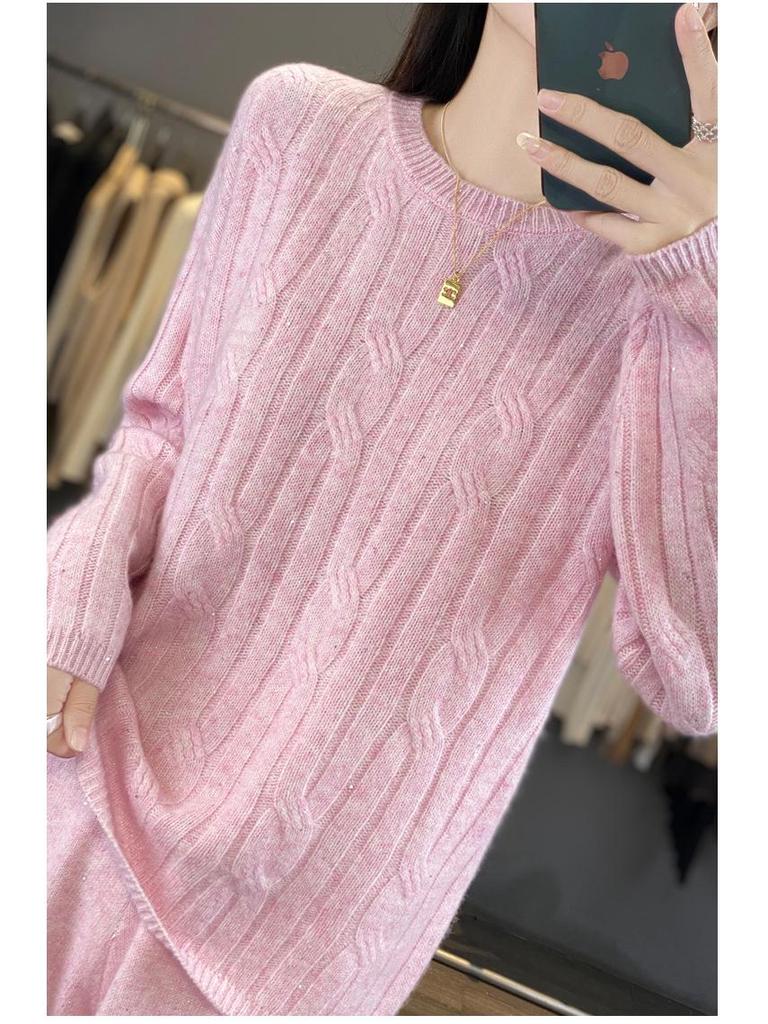 2025 Autumn/Winter Pure Wool Cable Knit Set: Round Neck Sweater & Sequin High-Waist Wide-Leg Pants